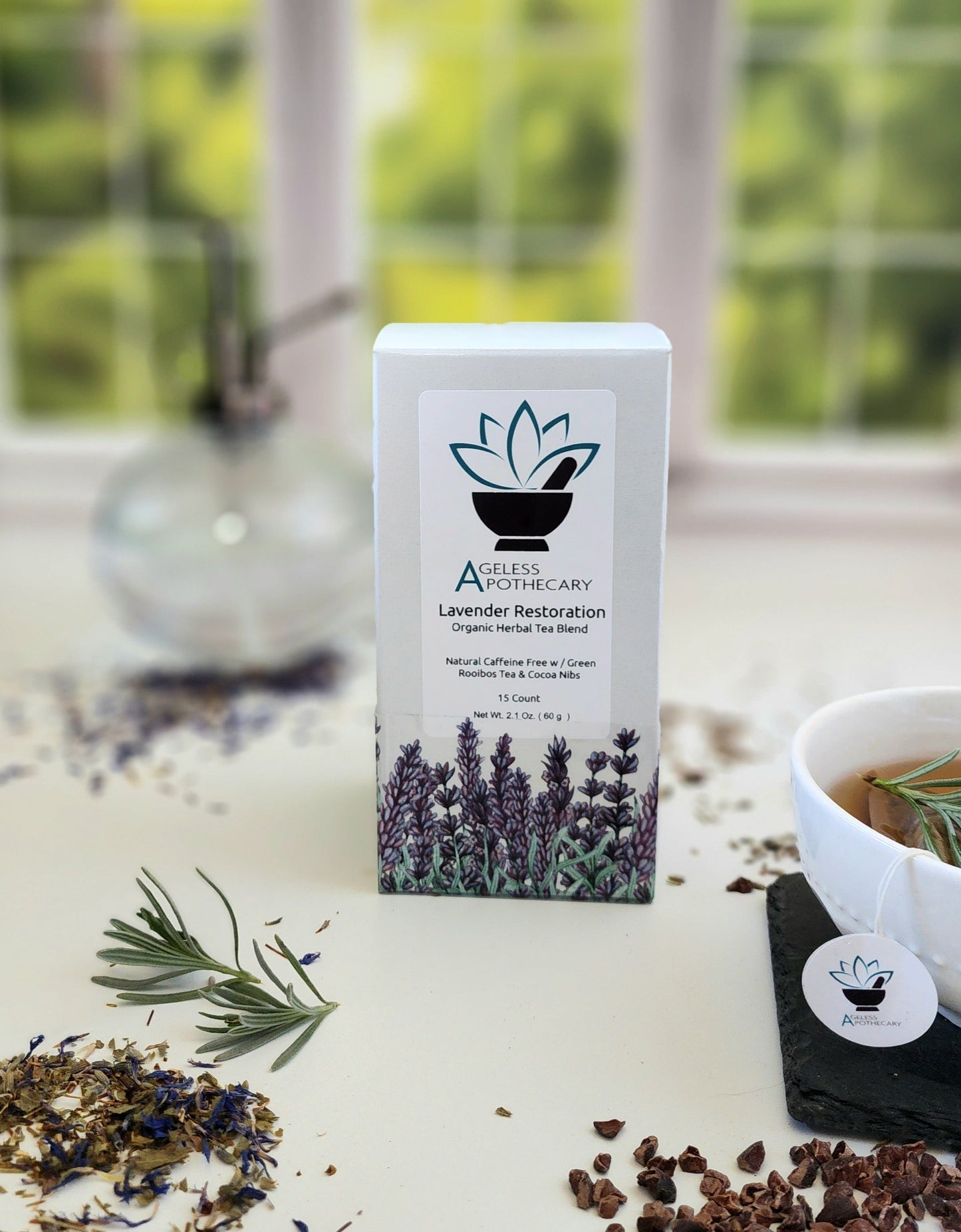 Lavender Restoration - Caffeine Free Organic Herbal Loose Tea Blend with Green Rooibos Tea & Cocoa Nibs